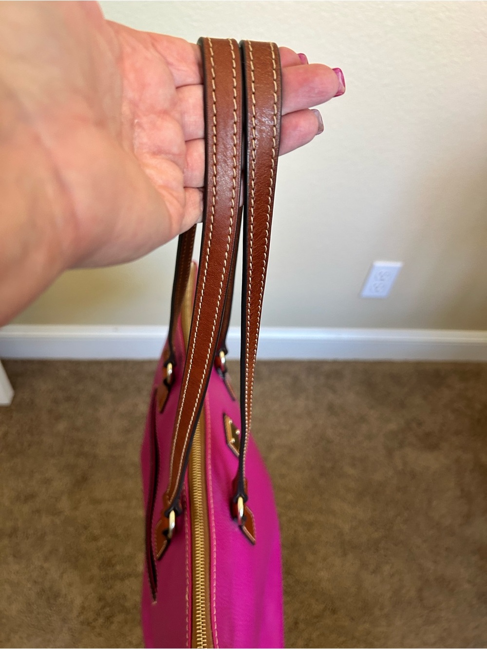 Dooney & Bourke Leather Laptop Bag / Tote in Fuchsia w/ Brown Straps 💕 - Picture 8 of 16